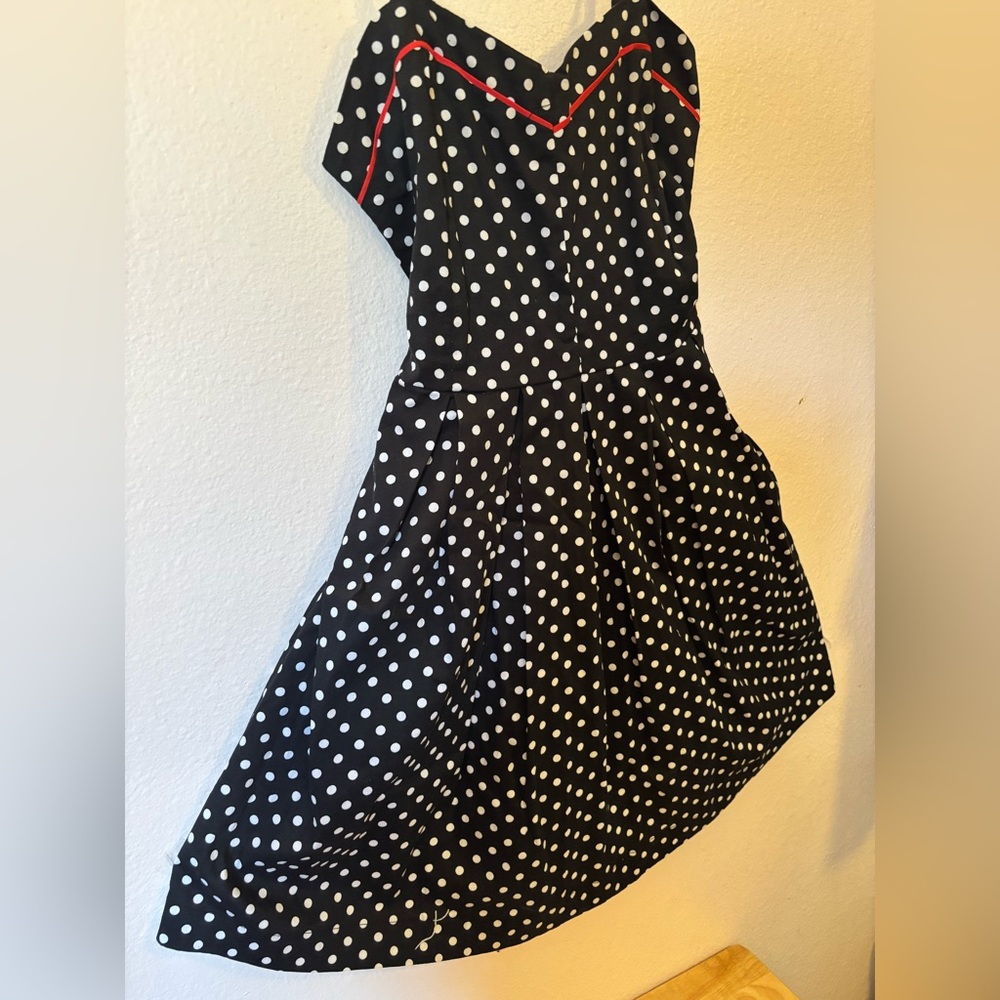 Cute Pinup Rockabilly Black and White Polka Dot A Line Dress with Red Trim - Picture 8 of 16